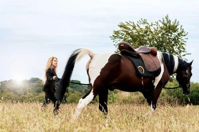 Woman with horse in field learning ethical training